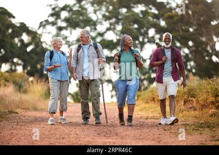 Groupe d'amis seniors actifs appréciant la randonnée à travers la campagne marcher le long de la piste ensemble Banque D'Images