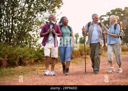 Groupe d'amis seniors actifs appréciant la randonnée à travers la campagne marcher le long de la piste ensemble Banque D'Images