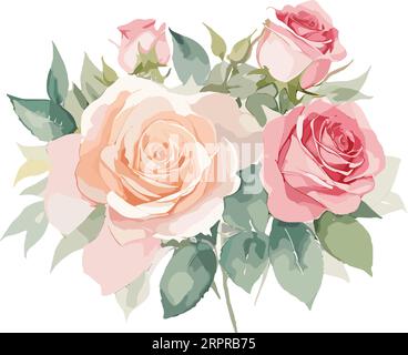 Aquarelle bouquet de roses, illustration florale, feuilles et bourgeons. Composition botanique pour une carte de mariage ou de voeux. branche de fleurs Illustration de Vecteur