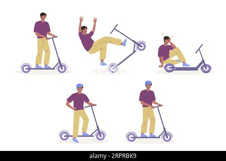 Ensemble de jeune gars conduisant scooter de marche électrique, tombant hors scooter à vitesse, blessure de chute. Concept de scooter de conduite avec casque de sécurité Illustration de Vecteur