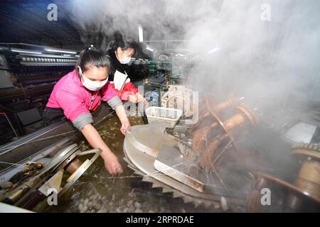 200401 -- RONGJIANG, le 1 avril 2020 -- des gens travaillent dans une entreprise de soie dans le comté de Rongjiang, dans la province du Guizhou du sud-ouest de la Chine, le 1 avril 2020. En tant que l'un des neuf comtés frappés par la pauvreté dans la province du Guizhou qui n'ont pas été sortis de la pauvreté, le comté de Rongjiang s'est concentré sur la promotion de la reprise de la production des entreprises dans le comté et l'exportation des services de main-d'œuvre depuis février. Jusqu'à présent, plus de 140 000 personnes ont été employées parmi les 190 000 travailleurs existants dans le comté de Rongjiang. CHINE-GUIZHOU-RONGJIANG-RÉDUCTION DE LA PAUVRETÉ CN YANGXYING PUBLICATIONXNOTXINXCHN Banque D'Images