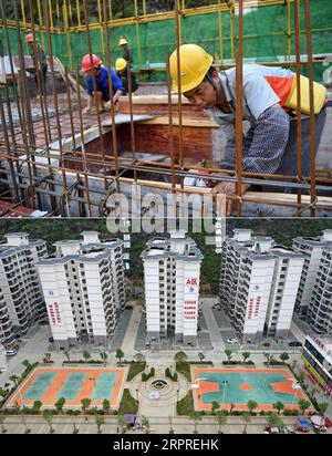200402 -- NANNING, le 2 avril 2020 -- une photo combinée montre des travailleurs construisant un site de relocalisation pour soulager la pauvreté le 25 juillet 2016 en haut, et une vue aérienne du même site de relocalisation prise le 16 octobre 2019 en bas dans le comté autonome de du an Yao, dans la région autonome de Guangxi Zhuang dans le sud de la Chine. La région autonome de Guangxi Zhuang, une région clé dans les efforts de lutte contre la pauvreté de la Chine, a consisté à identifier et à créer des dossiers pour environ 710 000 personnes relocalisées depuis des zones inhospitalières au cours de la période 2016-2020 du 13e Plan quinquennal, en tant que combat clé contre la pauvreté. Le programme de relocalisation a été achevé à la fin du Banque D'Images