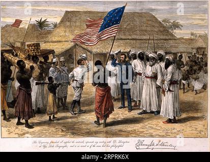 Henry Morton Stanley rencontre David Livingstone à Ujiji Africa, gravure sur bois colorée de H. Hall d'après Henry Morton Stanley c1872 Banque D'Images