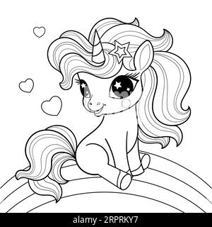 Une petite licorne est assise sur un arc-en-ciel. Dessin linéaire noir et blanc. Vecteur Illustration de Vecteur