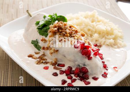 Chili en Nogada, plat typique du Mexique. Préparé avec du piment poblano farci de viande et de fruits et recouvert d'une sauce aux noix. Nommé comme le Quin Banque D'Images