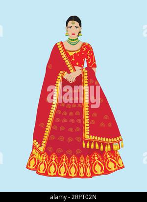 Mariée indienne portant une robe de mariée tradtional Sharara et chemisier avec dupatta Illustration de Vecteur