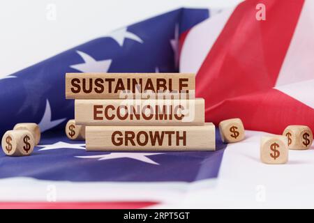 Concept d'économie et de finance. Sur le drapeau des États-Unis se trouvent des cubes avec le symbole du dollar et des matrices en bois avec l'inscription - Sustainable econ Banque D'Images