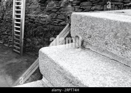 Les murs du port de Polperro ont des échelles, des pneus et des marches pour aider les pêcheurs à accéder à la jetée au-dessus à marée basse. Banque D'Images