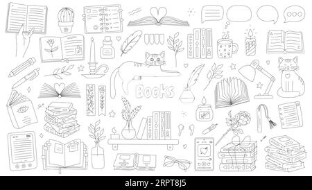 Ensemble de livres pour les amateurs de lecture. Livres ouverts dessinés à la main, pile, lunettes, livre audio, ebook, livres sur étagère, tasse de thé, chats. Dood noir et blanc Illustration de Vecteur