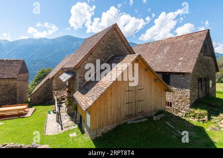 Vue du hameau antique d'ORIAS, près de Pesariis dans le nord de l'Italie, avec les 'stavoli', constructions rurales utilisées dans le passé par les agriculteurs et les éleveurs Banque D'Images