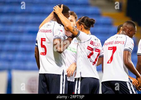 But 2-0 Ricardo Santos #5 de Bolton Wanderers célèbre son but lors du match du trophée EFL entre Bolton Wanderers et Salford City au Toughsheet Stadium, Bolton le mardi 5 septembre 2023. (Photo : Mike Morese | MI News) crédit : MI News & Sport / Alamy Live News Banque D'Images