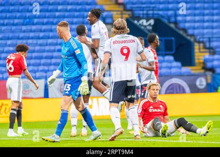 But 2-0 Ricardo Santos #5 de Bolton Wanderers marque un but lors du match du trophée EFL entre Bolton Wanderers et Salford City au Toughsheet Stadium, Bolton le mardi 5 septembre 2023. (Photo : Mike Morese | MI News) crédit : MI News & Sport / Alamy Live News Banque D'Images