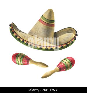 Chapeau Sombrero avec motif rouge et vert avec maracas mexicains. Illustration à l'aquarelle dessinée à la main. Ensemble d'éléments isolés sur fond blanc. Banque D'Images