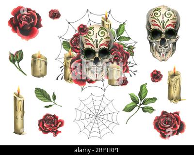 Crâne humain orné de roses rouges, de bougies et de toiles d'araignée. Illustration aquarelle dessinée à la main pour le jour des morts, halloween, Dia de los muertos. Définir Banque D'Images