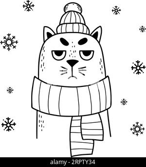 Drôle triste personnage de chat d'hiver en écharpe tricotée et chapeau. Illustration vectorielle. dessiner à la main. Design du nouvel an, carte de vacances, décor, coloriage boo Illustration de Vecteur