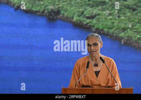 DF - BRASILIA - 09/05/2023 - BRASILIA, CÉRÉMONIE POUR LA JOURNÉE AMAZONIENNE - la ministre de l'Environnement, Marina Silva, lors d'une cérémonie pour la Journée amazonienne qui s'est tenue au Palais Planalto ce mardi 5 septembre. Photo : Mateus Bonomi/AGIF Banque D'Images