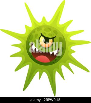 Personnage comique de bande dessinée de cellules de virus vert maléfique Illustration de Vecteur
