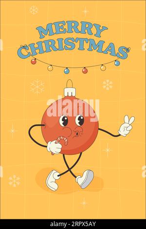 Personnage de carte de voeux groovy bonne année, joyeux Noël. Illustration vectorielle d'arbre de Noël hippie Illustration de Vecteur