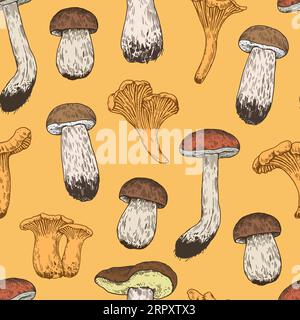 Motif sans couture avec des champignons dans le style de gravure rétro. Imprimé vintage détaillé dessiné à la main pour le design et le textile. Illustration de Vecteur