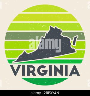 Logo Virginia. Signe avec la carte de l'état américain et des rayures colorées, illustration vectorielle. Illustration de Vecteur
