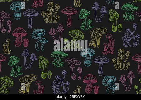 Mushrooms stylise hippie Retro Seamless motif. Champignons abstraits psychédéliques toxiques fond sans fin, enveloppe de style linéaire doodle. Magie vibrante Fantastic Fungus répéter imprimé ornement Illustration de Vecteur