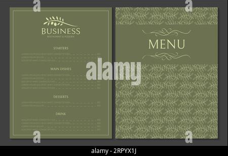Modèle de carte de menu vert olive pour les restaurants avec logo Illustration de Vecteur