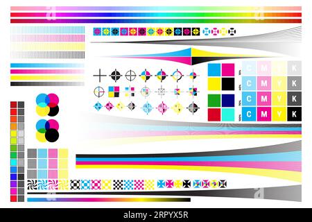 Illustration de calibrage d'impression CMJN avec marques d'impression offset et test de couleur Illustration de Vecteur