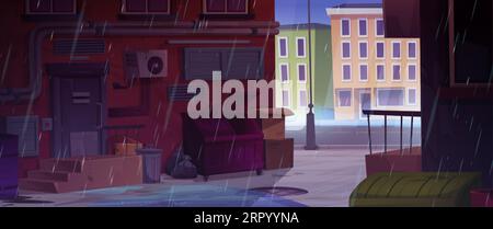 Pluie sur l'allée de la ville arrière fond de vecteur de dessin animé de rue. Ghetto de quartier pluvieux avec porte, poubelle et porte. Illustration de ruelle vide avec tempête, Illustration de Vecteur