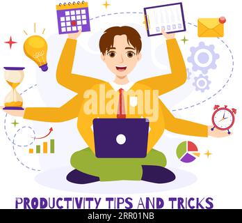 Conseils de productivité et illustration vectorielle de astuce avec le produit de marketing pour la publicité efficace et campagne de promotion pour stimuler la reconnaissance de la marque Illustration de Vecteur