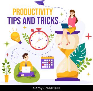 Conseils de productivité et illustration vectorielle de astuce avec le produit de marketing pour la publicité efficace et campagne de promotion pour stimuler la reconnaissance de la marque Illustration de Vecteur