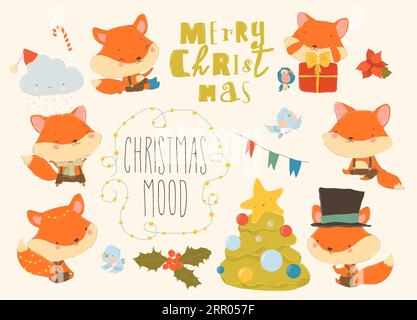 Mignon Cartoon Set de renards avec des éléments de Noël Illustration de Vecteur