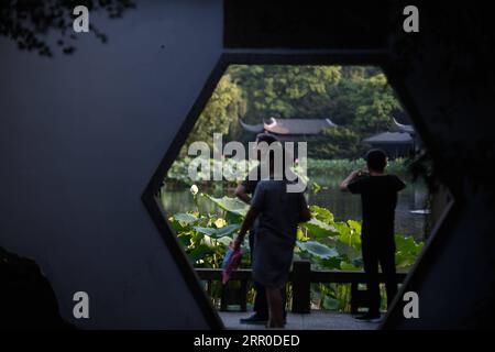 200810 -- HANGZHOU, 10 août 2020 -- les touristes regardent les fleurs de lotus dans la région pittoresque du lac de l'Ouest à Hangzhou, province de Zhejiang de l'est de la Chine, 30 juin 2020. Le paysage culturel du lac de l'Ouest de Hangzhou, embrassé par des collines couvertes de nuages sur trois côtés et divisé en plusieurs parties par des causales pittoresques, présente un paysage délicat avec des pics se chevauchant et des temples de dispersion, pagodes, pavillons, jardins, arbres ornementaux, et des îles artificielles, ajoutant de la beauté à la ville de Hangzhou. Il a été inscrit par le Comité du patrimoine mondial sur la liste du patrimoine mondial de l UNESCO en tant que bien culturel Banque D'Images