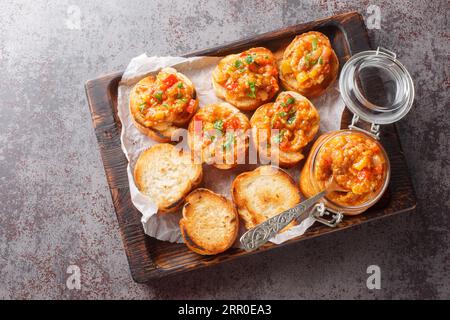 Sandwichs à tartiner maison à base d'aubergines, de courgettes, de tomates, d'oignons, de poivrons et d'ail. Vue de dessus horizontale Banque D'Images