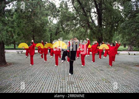 200820 -- BEIJING, 20 août 2020 -- Yang Shuqin front enseigne aux personnes âgées fan de Taiji au parc Temple of Heaven à Beijing, capitale de la Chine, le 19 août 2020. Pour Zhang Liangui, 68 ans, le Temple du ciel signifie plus qu'un site du patrimoine mondial de l'UNESCO, puisqu'il fait souvent de l'exercice matinal dans le parc autour du site historique. Le 17 août, Zhang est venu tôt pour se réchauffer dans une clairière entourée de murs rouges et d'arbres verts au milieu des échos d'oiseaux et d'insectes. Coups de pied, accroupissement, jeu d'épée Taiji, un ensemble de mouvements d'échauffement ont montré son physique souple et robuste. Pendant qu'il se réchauffait, il était en attente Banque D'Images