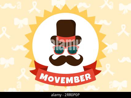 Movember Time Vector Illustration avec moustache et ruban pour le mois de sensibilisation à la santé des hommes dans les modèles de fond dessinés à la main de dessin animé plat Illustration de Vecteur