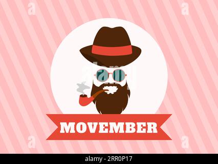 Movember Time Vector Illustration avec moustache et ruban pour le mois de sensibilisation à la santé des hommes dans les modèles de fond dessinés à la main de dessin animé plat Illustration de Vecteur