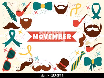 Movember Time Vector Illustration avec moustache et ruban pour le mois de sensibilisation à la santé des hommes dans les modèles de fond dessinés à la main de dessin animé plat Illustration de Vecteur