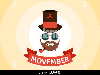 Movember Time Vector Illustration avec moustache et ruban pour le mois de sensibilisation à la santé des hommes dans les modèles de fond dessinés à la main de dessin animé plat Illustration de Vecteur