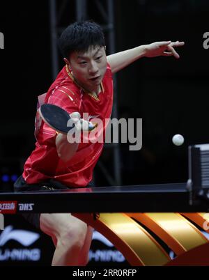PyeongChang, Corée du Sud. 6 septembre 2023. Ma long of China fait un retour à un Jaehyun de la Corée du Sud lors du match de demi-finale des équipes masculines entre la Chine et la Corée du Sud au 26e Championnat ITTF-Asian de tennis de table à Pyeongchang, Corée du Sud, le 6 septembre 2023. Crédit : James Lee/Xinhua/Alamy Live News Banque D'Images