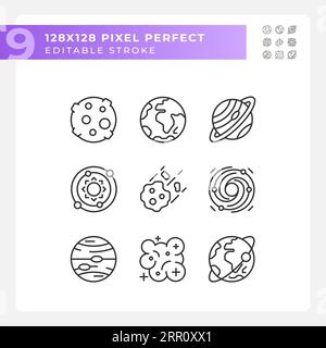 Ensemble d'icônes linéaires pixel Perfect des corps célestes Illustration de Vecteur