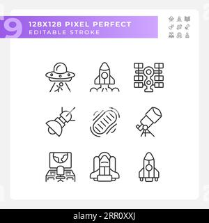 Jeu d'icônes linéaires pixel Perfect de science-fiction Illustration de Vecteur