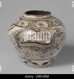 Pot ovoïde avec un feng huang et un dragon, pot en grès en forme d'oeuf, Cizhou., anonyme, Chine, c. 1350 - c. 1399, dynastie Yuan (1279-1368) / Ming-d. Banque D'Images