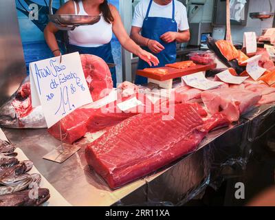 Cadix, Espagne - 03 août 2023 : marché aux poissons de Cadix. Superbe stand de poisson frais dans le marché central de Cádiz, Andalousie, Espagne. Banque D'Images