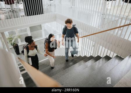 Vue à grand angle des étudiants multiraciaux masculins et féminins qui montent sur les marches de l'université Banque D'Images