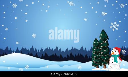 Un paysage hivernal serein la nuit avec un bonhomme de neige et des flocons de neige qui tombent Illustration de Vecteur