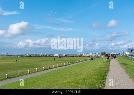 Sentier panoramique sur digue climatique et cerfs-volants à soi-disant Drachenwiese, Norddeich, Basse-Saxe, Allemagne, Europe Banque D'Images