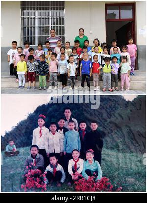 200913 -- RONGJIANG, 13 septembre 2020 -- cette photo combinée montre Gun Luquan et Pan Mingzhen posant avec des élèves à l'école primaire Miaoben dans le comté de Rongjiang, en haut de la province du Guizhou au sud-ouest de la Chine, photo prise le 9 septembre 2020 et photo de fichier non datée de Gun posant avec des élèves lors d'un voyage scolaire il y a des années Bottom. Gun Luquan et son épouse Pan Mingzhen sont un couple d'enseignants qui se sont consacrés aux élèves ruraux de l'école primaire Miaoben pendant plus de 20 ans dans le comté montagneux de Rongjiang. Comme l école ne compte que deux membres restants du personnel enseignant, Gun et Pan n ont jamais abandonné leur Banque D'Images