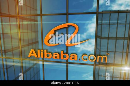 Hangzhou, Chine, 5 septembre 2023 : concept de bâtiment en verre du siège social d'Alibaba Group Holding Limited. Alibaba com e-commerce de détail symbole lo Banque D'Images