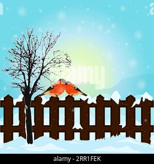 Paysage d'hiver avec bullfinch d'oiseau sur la clôture, collines couvertes de neige et ciel du matin. Oiseaux rouges assis sur la clôture.Christmas Winter scene.Vector illustration Illustration de Vecteur