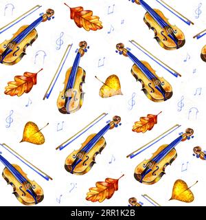 Modèle de fond sans couture d'automne avec violons d'aquarelle, feuilles, musique, notes. Banque D'Images